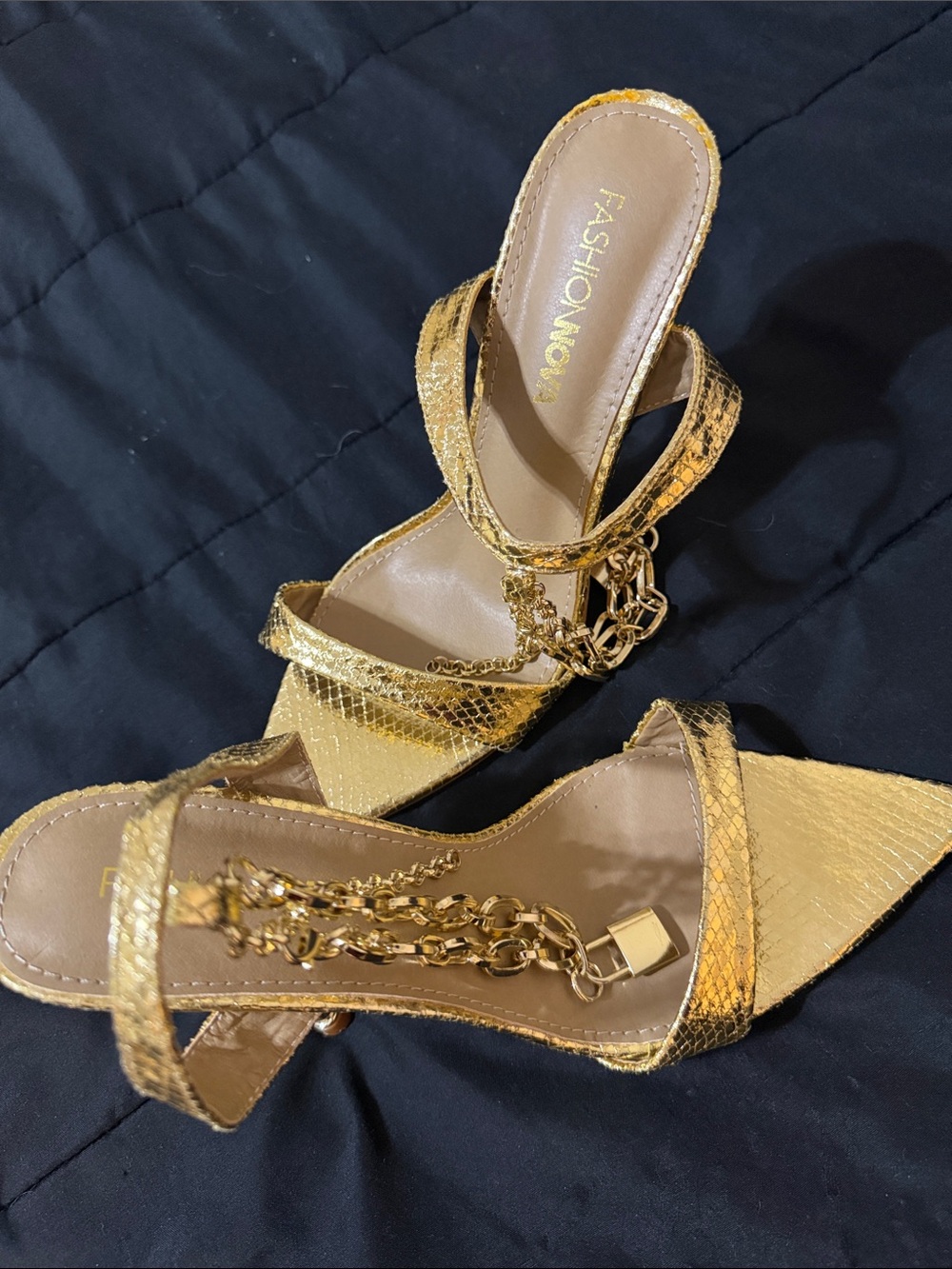 Fashion Nova Metallic Gold Chain-Strap Pointed Toe Heels
